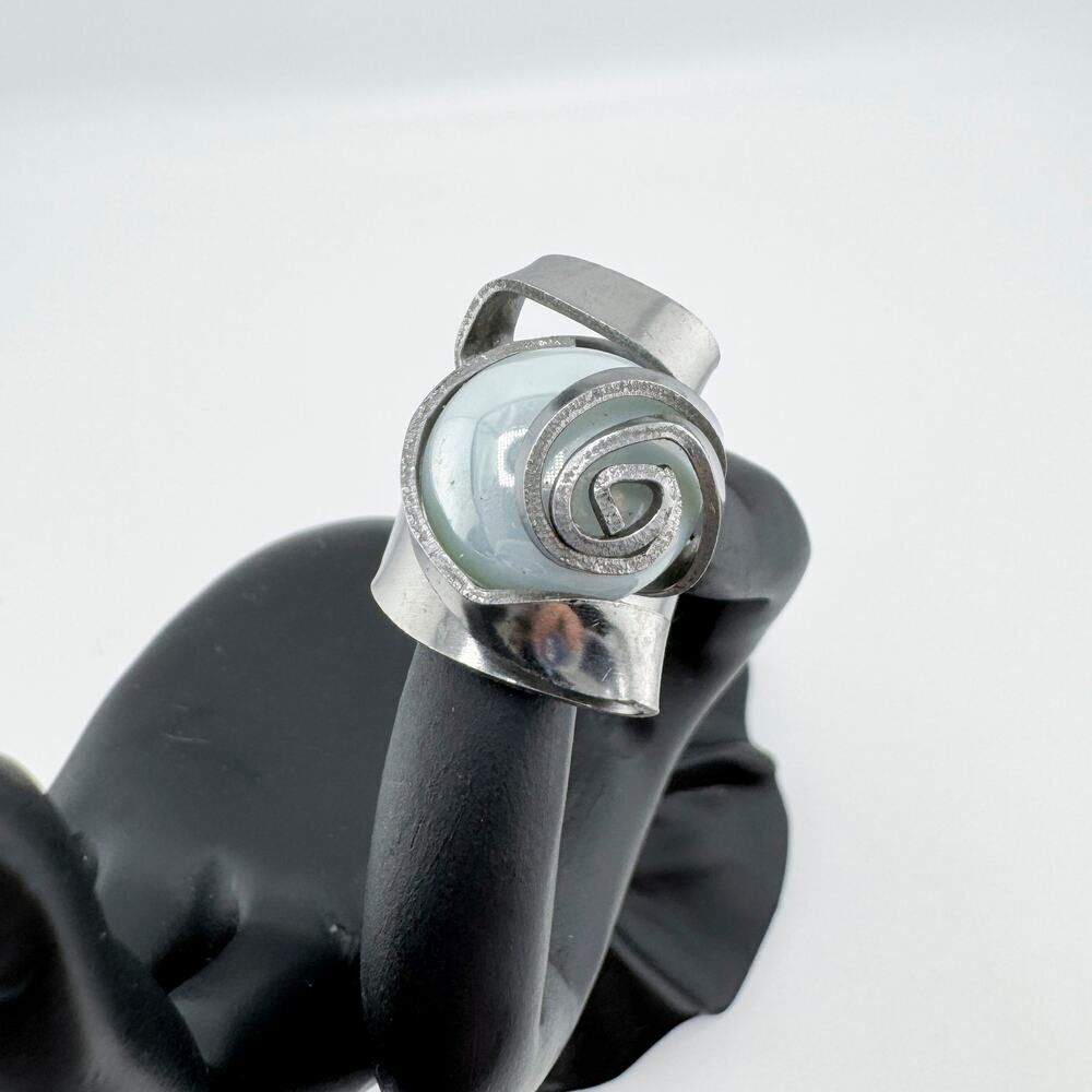 Vintage Swirl Fork Ring Iridescent Stone Handmade Unique Artisan Statement
